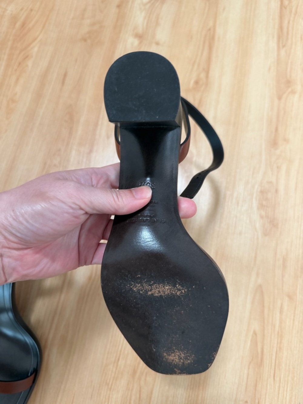 Saint Laurent Black and Brown Leather Ankle-Strap Square-Toe Sandals - Picture 8 of 8